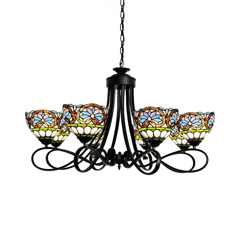 6-Light Stained Glass Bowl Pendant Lighting: Victorian Chandelier In Black Finish With Adjustable