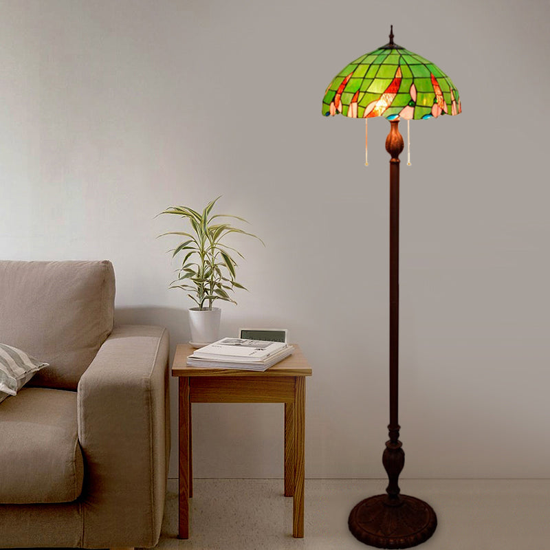 Baroque Green Pull Chain Standing Lamp With Stained Glass Shade - 3-Bulb Living Room Floor Light