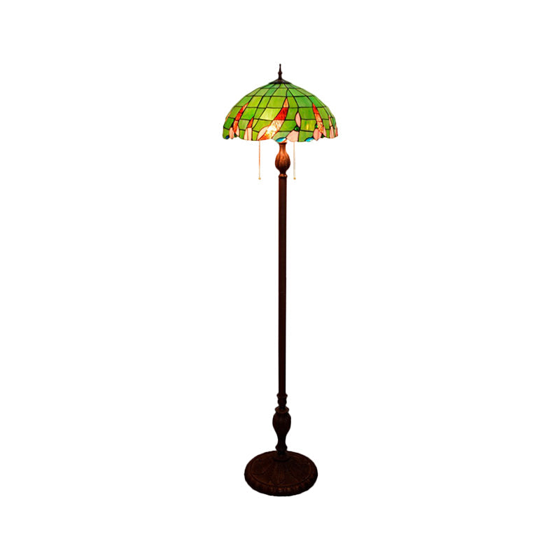 Baroque Green Pull Chain Standing Lamp With Stained Glass Shade - 3-Bulb Living Room Floor Light
