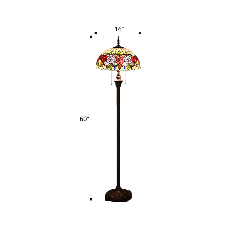 Victorian Stained Glass Rose Floor Lamp With 2 Green Reading Heads And Dome Shade