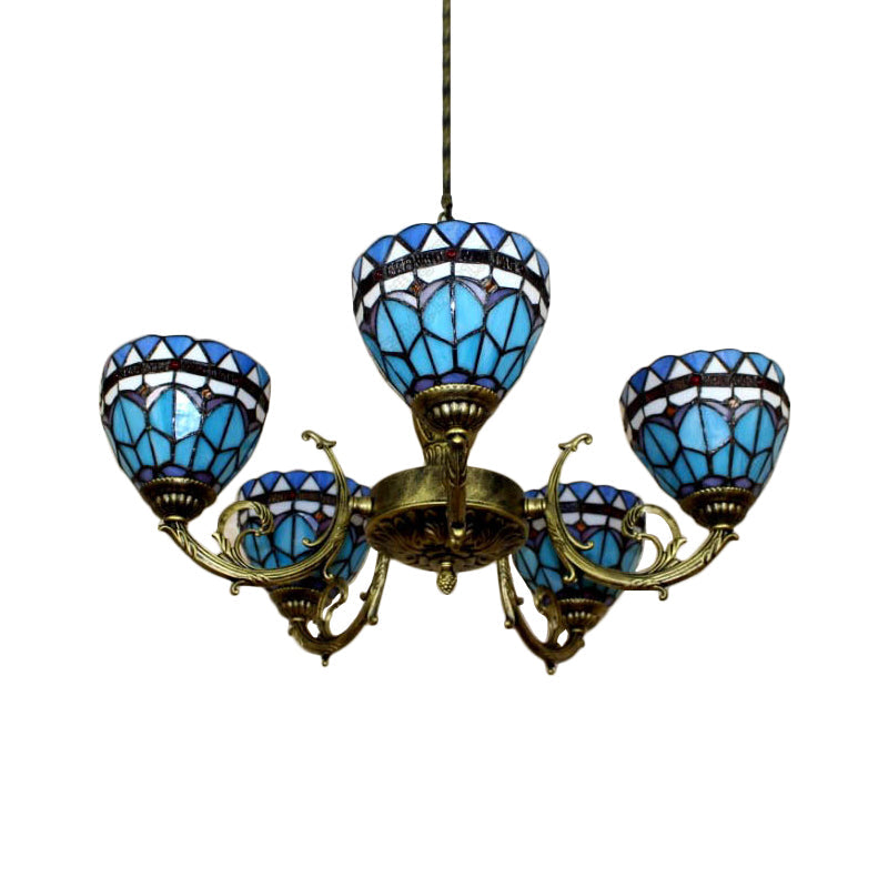 Blue Stained Glass Pendant Chandelier with 5 Heads for Mediterranean Lighting