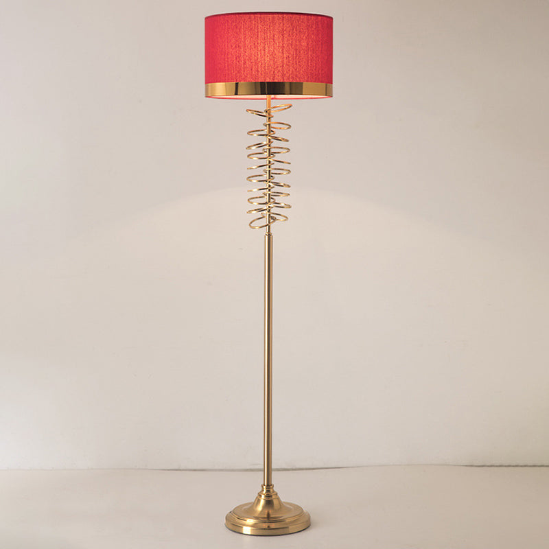 Antique Floor Lamp With White/Red Fabric Drum Shade Single Head And Rings Deco - Ideal For Parlor