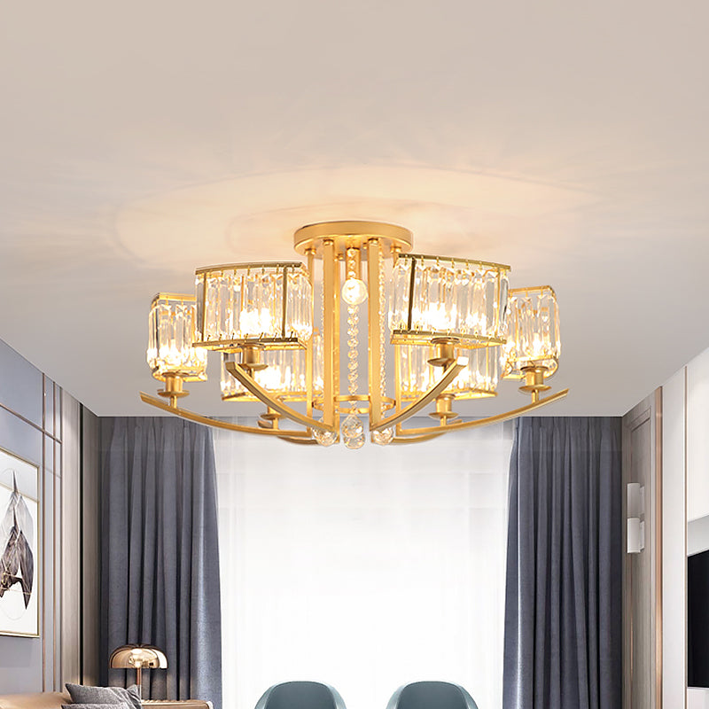 Modern Cuboid Semi Flush Chandelier With Clear Crystal 7 Heads Gold Ceiling Mounted Light