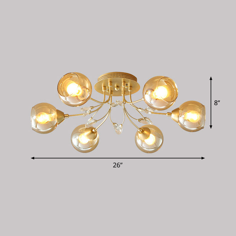 Modern Amber Glass Ball Ceiling Flush Mount Light With Teardrop Beveled Crystal Deco - 6 Bulbs Gold