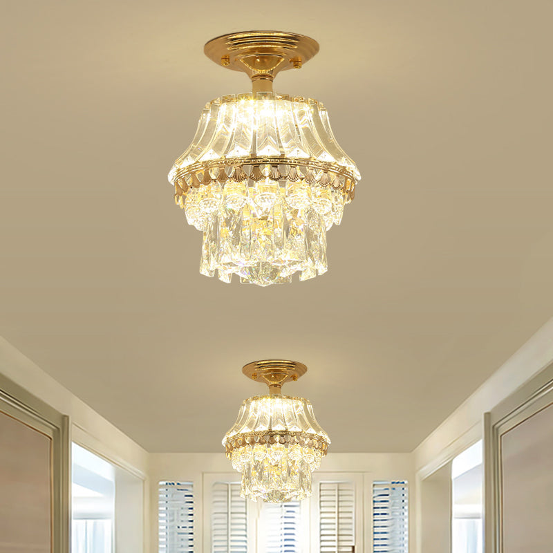 Gold Crystal Tiered Led Semi Flush Ceiling Mount Light Fixture - Contemporary Rectangle-Cut Design