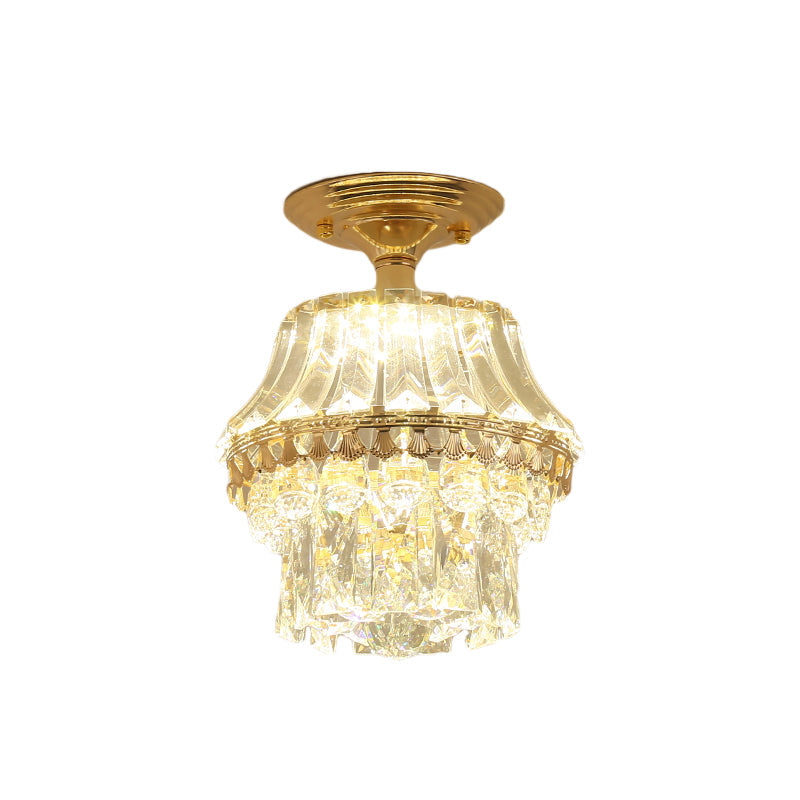 Gold Crystal Tiered Led Semi Flush Ceiling Mount Light Fixture - Contemporary Rectangle-Cut Design