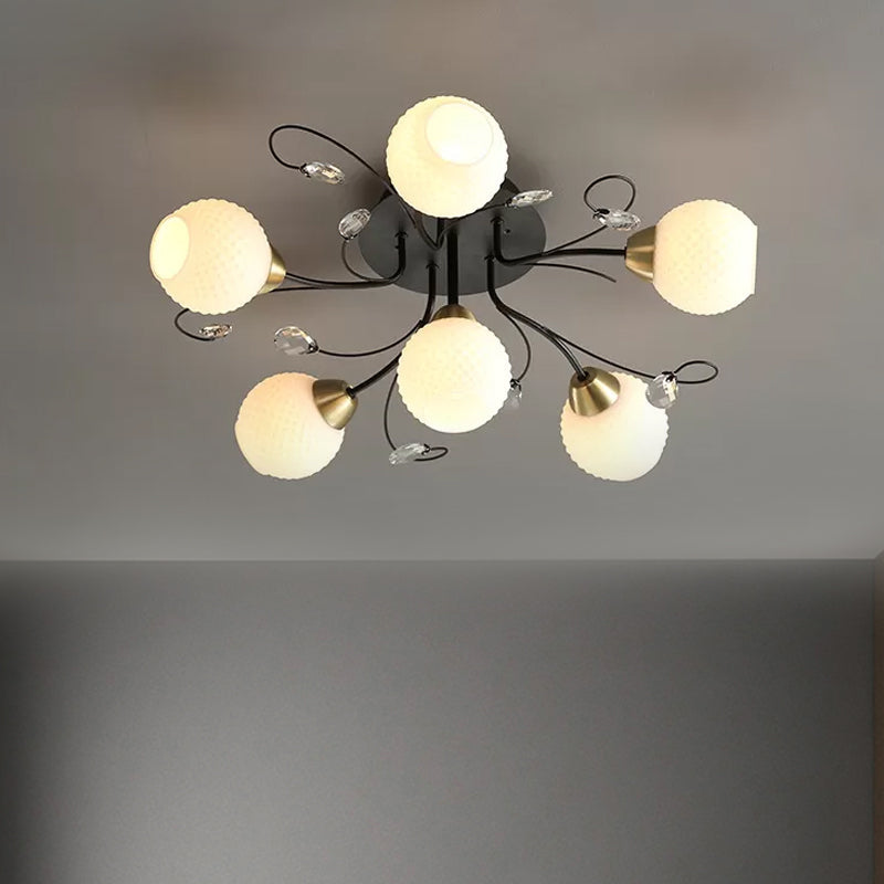 Modern Black Ceiling Light With Opal Glass Shade - 6 Head Semi-Flush Mount For Living Room
