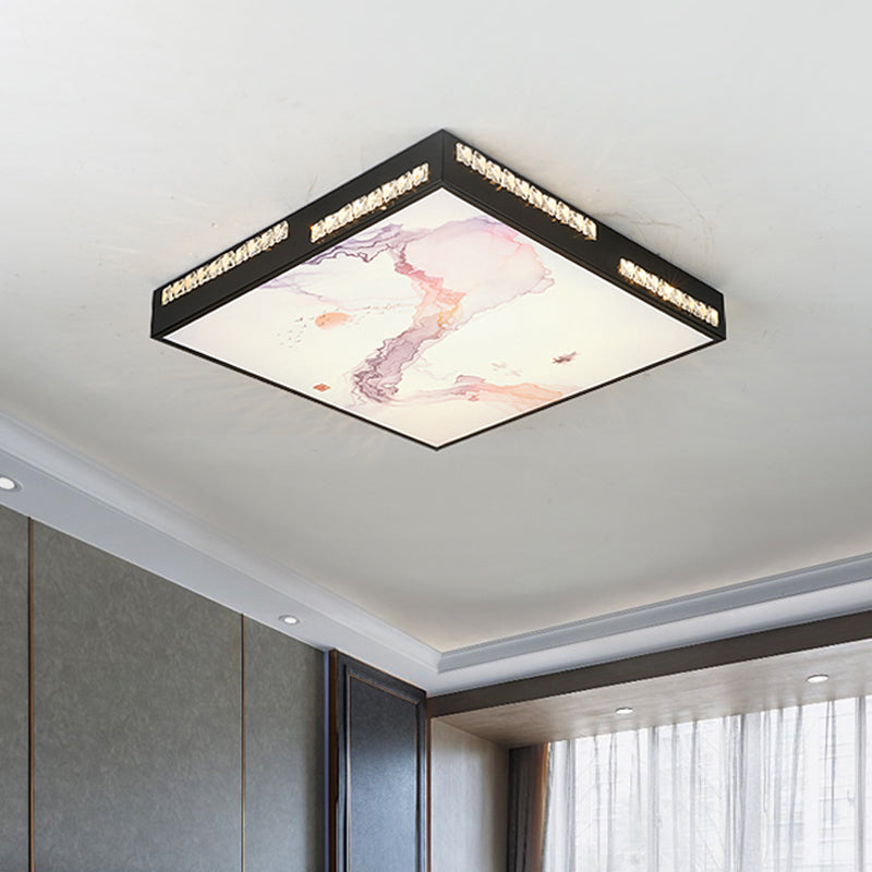 Modern Square Flush Mount Led Ceiling Light With Crystal Accent - Black