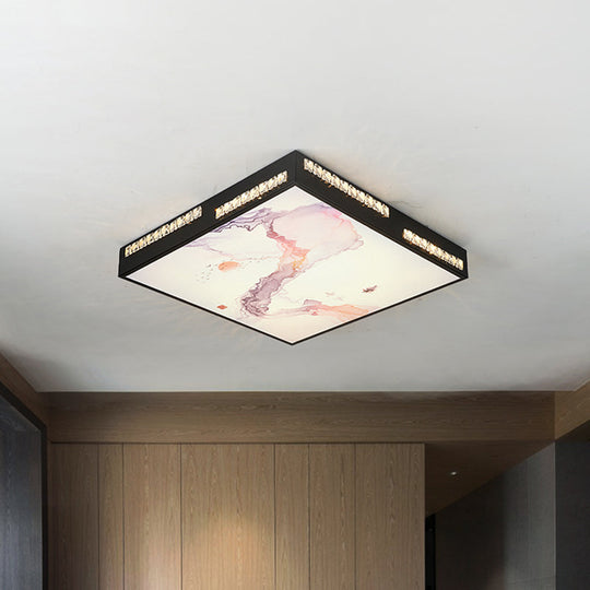Modern Square Flush Mount Led Ceiling Light With Crystal Accent - Black