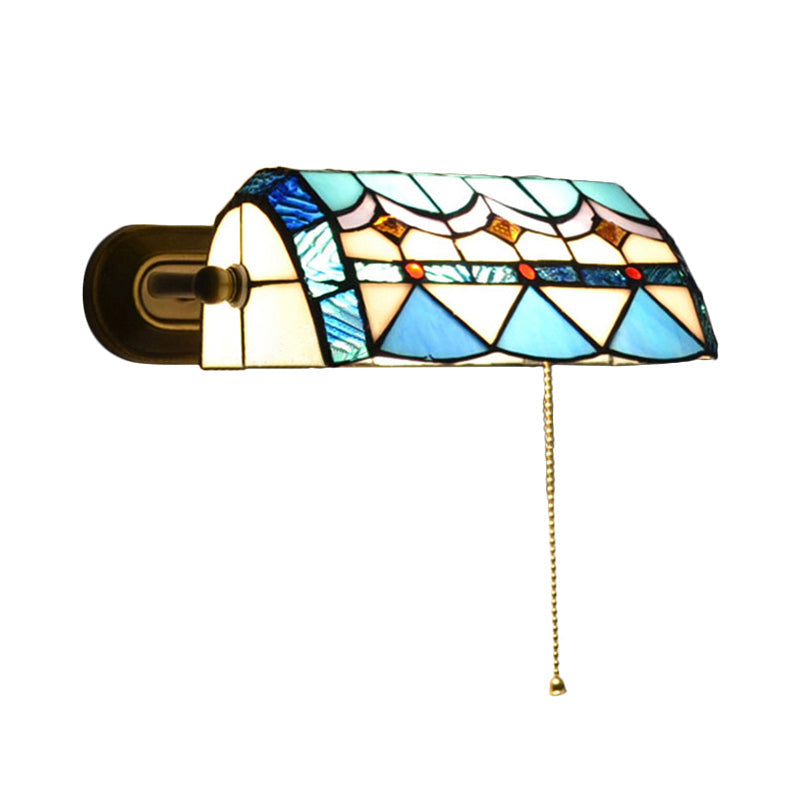 Mediterranean Banker Lamp: Stained Glass Wall Sconce W/ Pull Chain - Blue