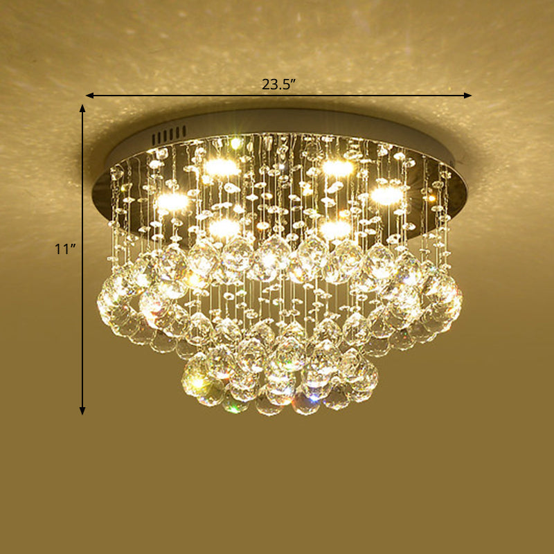 Sleek Led Flush Lamp: Nickel Circle Ceiling Light With Crystal Drip Shade 19.5/23.5 Wide