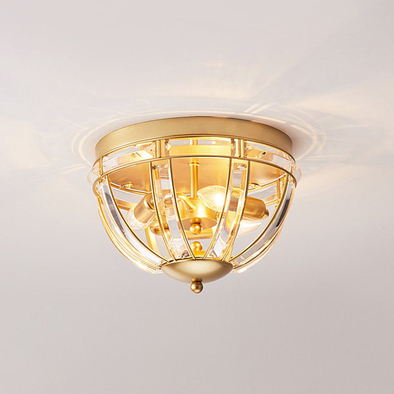 Black/Gold Crystal Dome Ceiling Fixture - Rectangle-Cut Simplicity Design 3 Bulbs Flush Mount Light