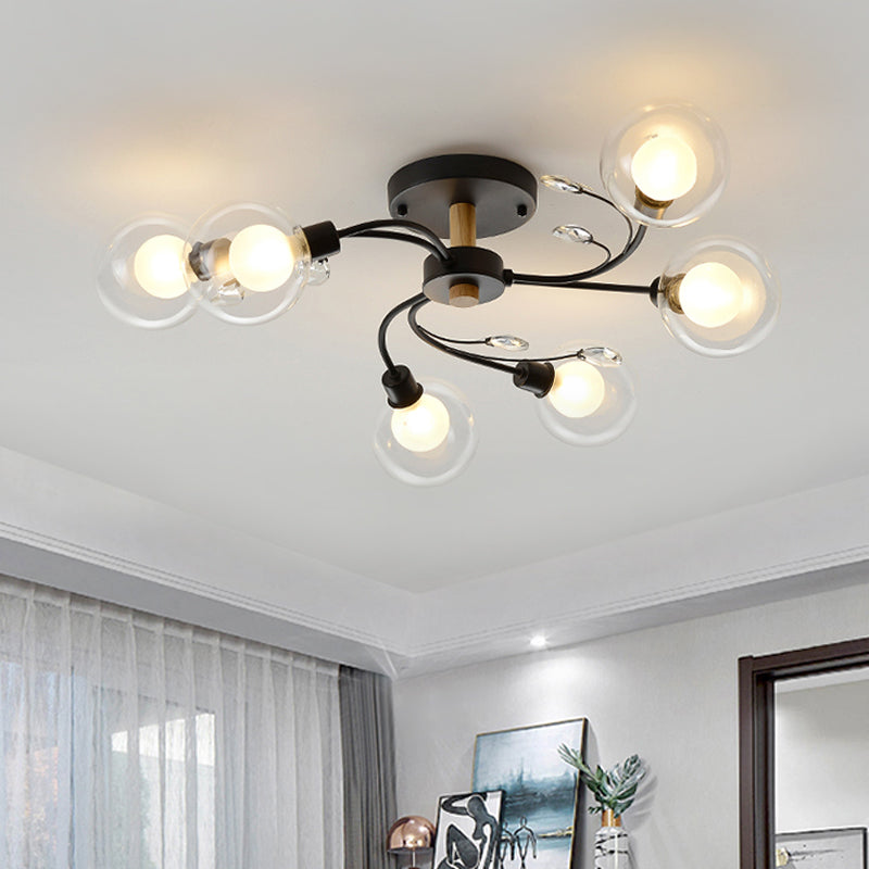 Contemporary 6-Light Clear Glass Ball Semi Flush Lamp In Black/Gold For Close-To-Ceiling Lighting