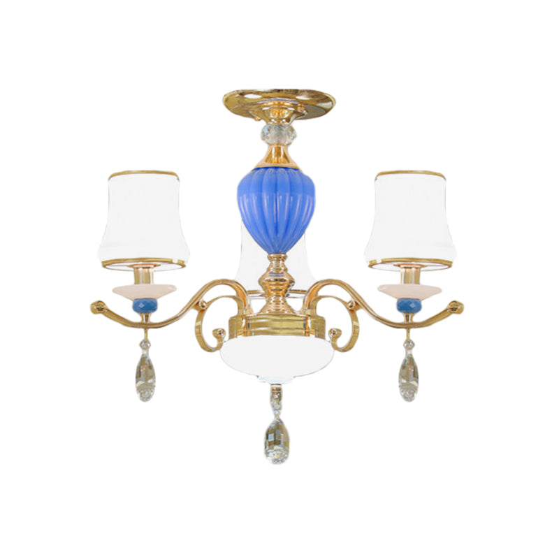 Rural Bell Semi Flush Mount Chandelier - Opal Glass 3/6/8 Head Ceiling Lamp With Crystal Drops