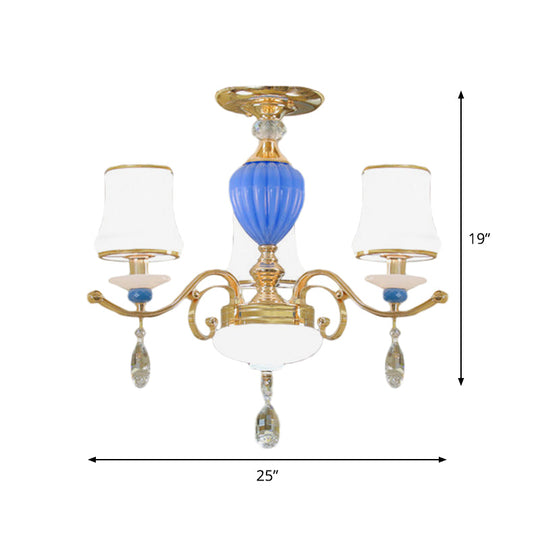 Rural Bell Semi Flush Mount Chandelier - Opal Glass 3/6/8 Head Ceiling Lamp With Crystal Drops