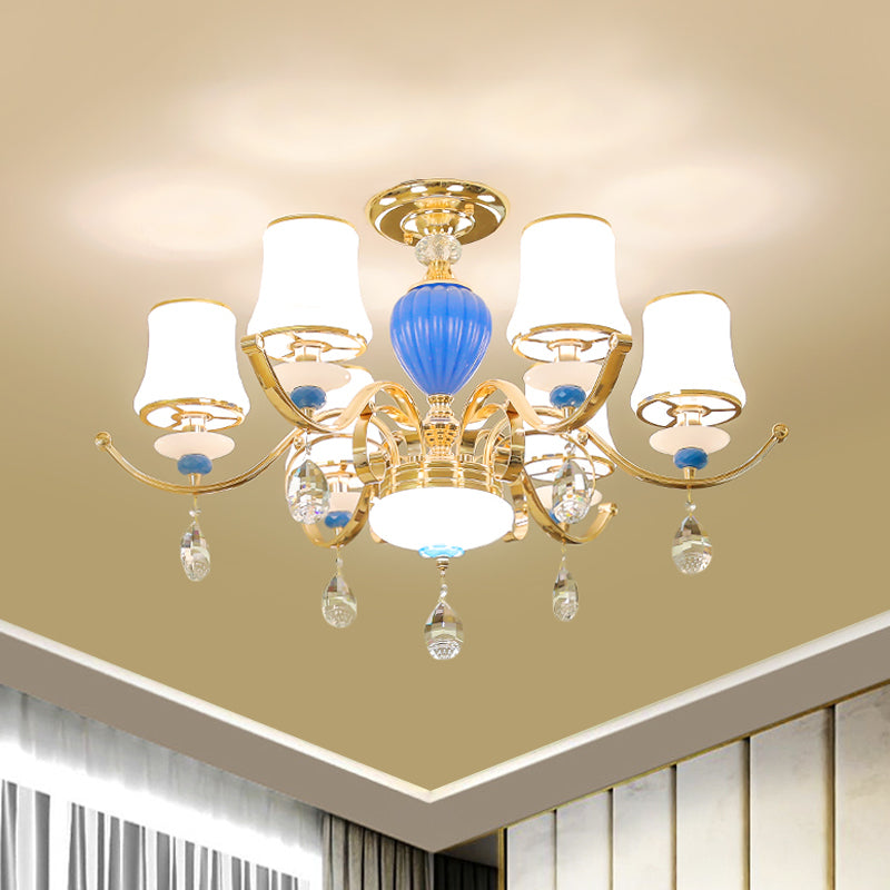 Rural Bell Semi Flush Mount Chandelier - Opal Glass 3/6/8 Head Ceiling Lamp With Crystal Drops 6 /