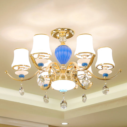 Rural Bell Semi Flush Mount Chandelier - Opal Glass 3/6/8 Head Ceiling Lamp With Crystal Drops