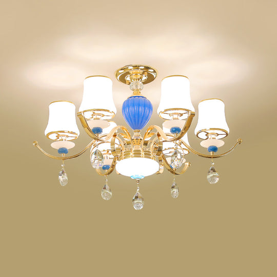 Rural Bell Semi Flush Mount Chandelier - Opal Glass 3/6/8 Head Ceiling Lamp With Crystal Drops