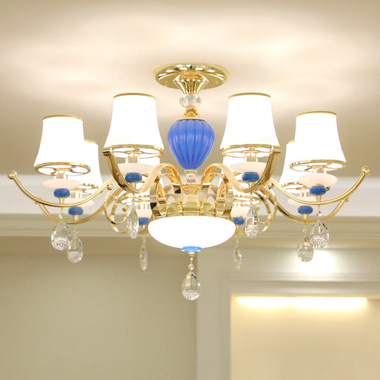 Rural Bell Semi Flush Mount Chandelier - Opal Glass 3/6/8 Head Ceiling Lamp With Crystal Drops 8 /