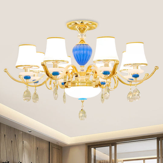 Rural Bell Semi Flush Mount Chandelier - Opal Glass 3/6/8 Head Ceiling Lamp With Crystal Drops