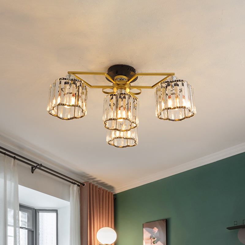 Gold Floral Cylinder Crystal Guest Room Semi Flush Ceiling Fixture (4/6/7-Light) - Minimalist Design