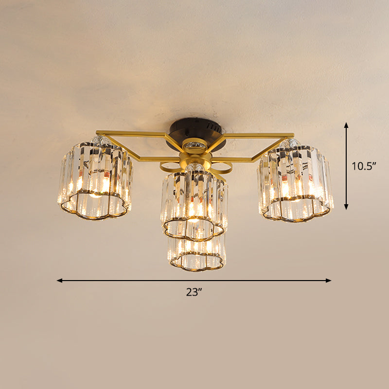 Gold Floral Cylinder Crystal Guest Room Semi Flush Ceiling Fixture (4/6/7-Light) - Minimalist Design