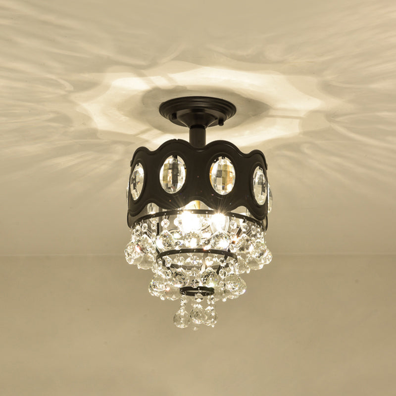 Black Tapered Semi Flush Crystal Orbs Ceiling Mounted Fixture For Hallway