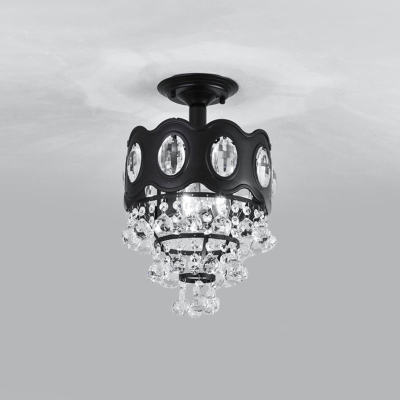 Black Tapered Semi Flush Crystal Orbs Ceiling Mounted Fixture For Hallway