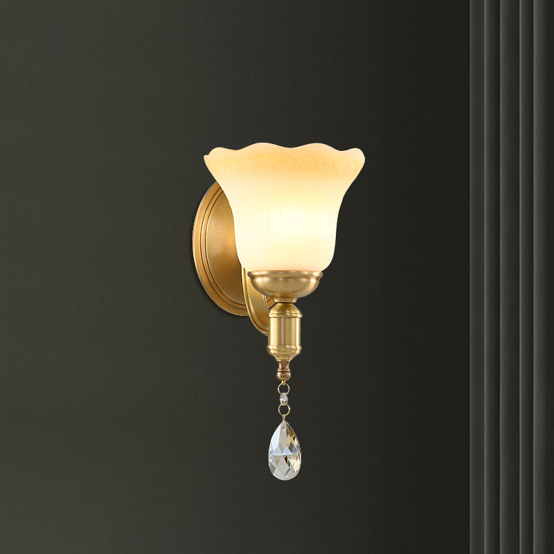 Retro Style 1/2-Head Gold Wall Lamp With Crystal Drop - Blossom Opaque Glass Lighting 1 /