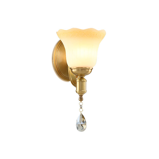 Retro Style 1/2-Head Gold Wall Lamp With Crystal Drop - Blossom Opaque Glass Lighting