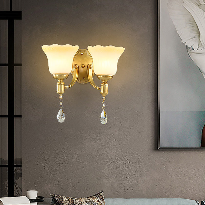 Retro Style 1/2-Head Gold Wall Lamp With Crystal Drop - Blossom Opaque Glass Lighting