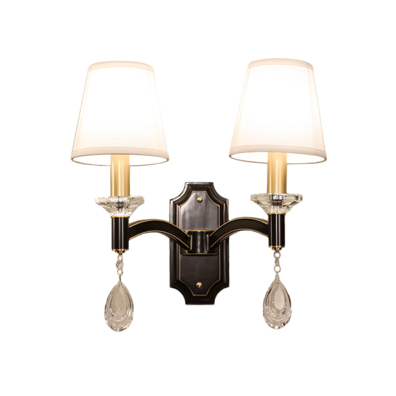 Vintage Cut Crystal Teardrop Wall Mount Light: Brown Lamp Fixture With Conic Fabric Shade