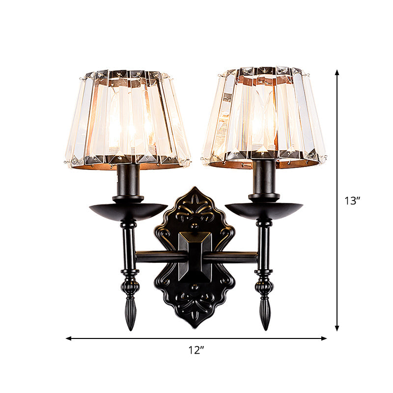 Simple Crystal Prisms Cone Wall Lamp - Black Candlestick Design 1/2-Head Light