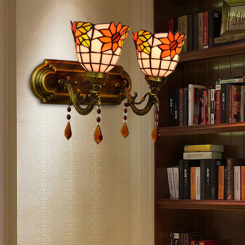 Tiffany Stained Glass Wall Sconce With Pink/Brown/Orange Crystal Accents - 2-Light Bowl Lighting