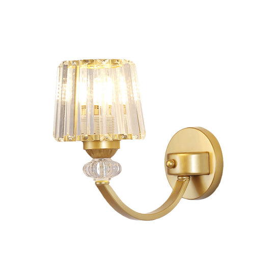 Modern Crystal Wall Lamp: Clear Barrel With Curved Arm In Black/Gold - 1/2-Light Mounted Lighting