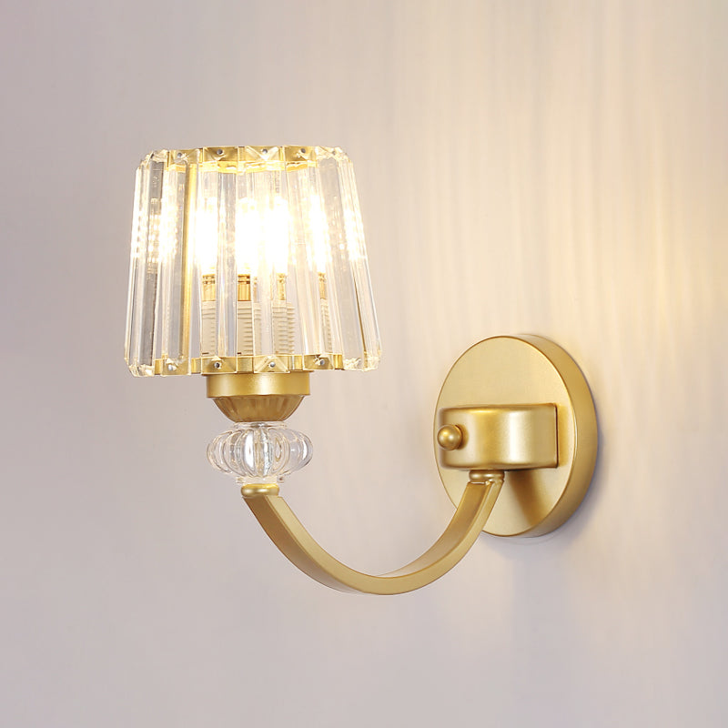 Modern Crystal Wall Lamp: Clear Barrel With Curved Arm In Black/Gold - 1/2-Light Mounted Lighting
