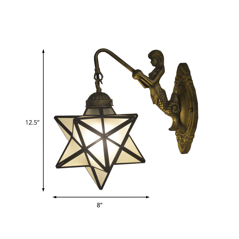 Antique Brass Tiffany Wall Sconce With White Glass Star Illumination And Mermaid Backplate