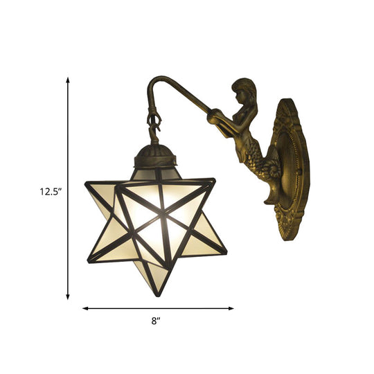 Antique Brass Tiffany Wall Sconce With White Glass Star Illumination And Mermaid Backplate