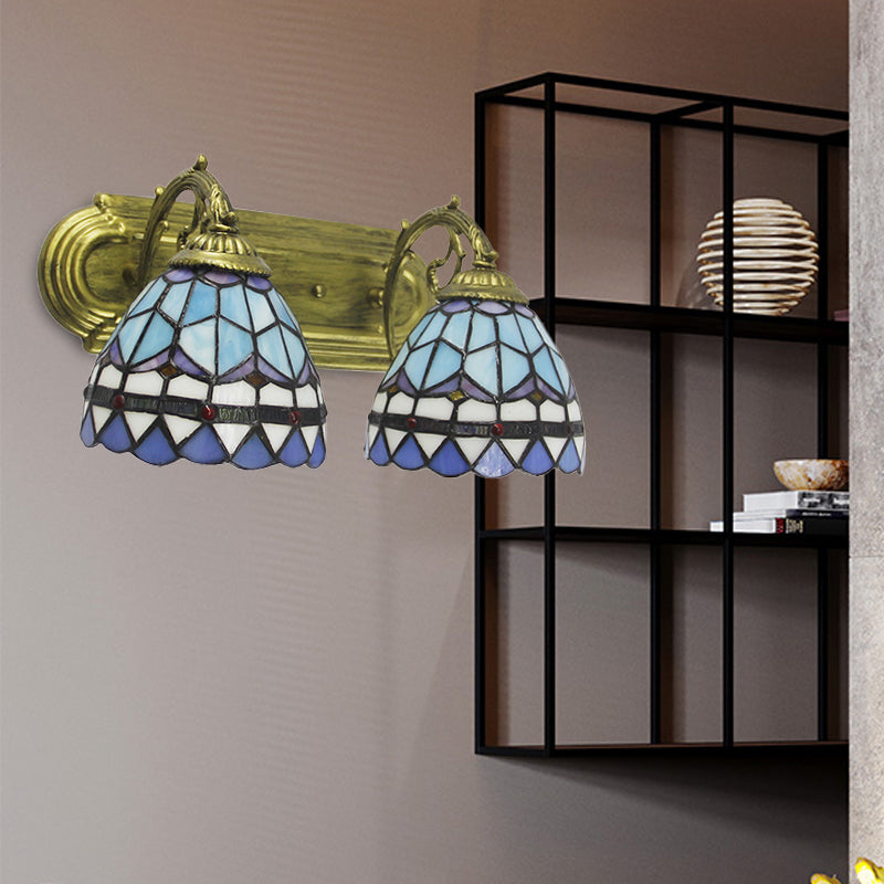 Blue Glass Baroque Dome Sconce Lamp: 2-Headed Wall Light For Bathroom