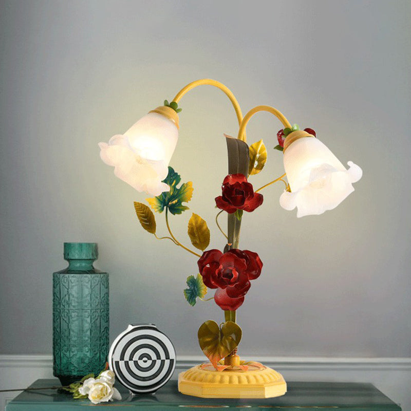 Yellow Frosted Glass Table Lamp With Antique Rose Night Light
