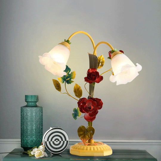 Yellow Frosted Glass Table Lamp With Antique Rose Night Light