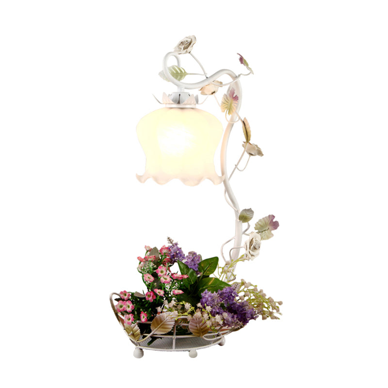 Vintage Flower Desk Lamp - 1 Light Cream Glass Nightstand Lighting With Floral Decor In