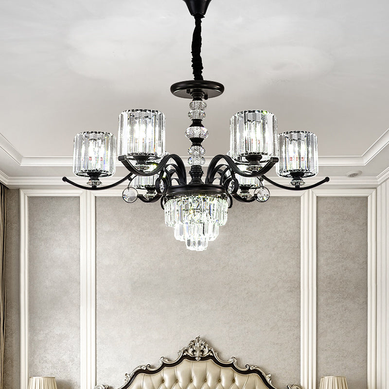 Modern Black Crystal Chandelier with 6 Tiered Parlor Lights & Cylindrical Shade