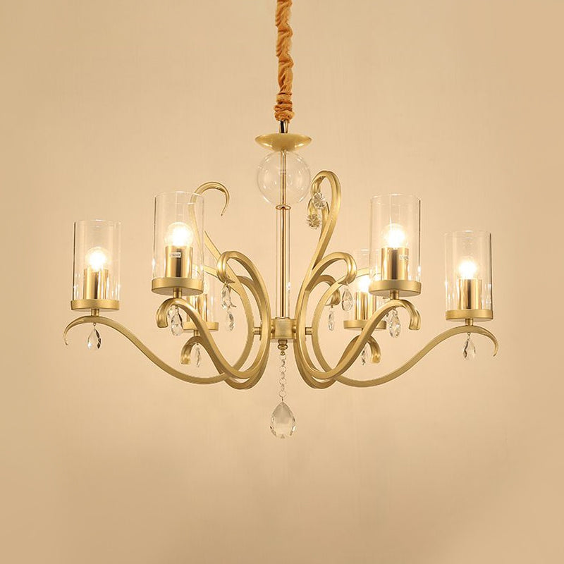 Minimalist Clear Glass Cylinder Suspension Lamp with Crystal Droplet - 6-Head Gold Chandelier