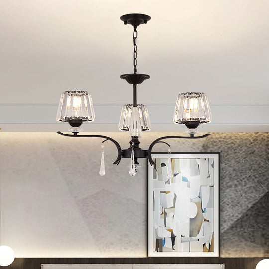 Black Beveled Crystal Conical Chandelier - Elegant 3-Light Ceiling Suspension Lamp With Droplet