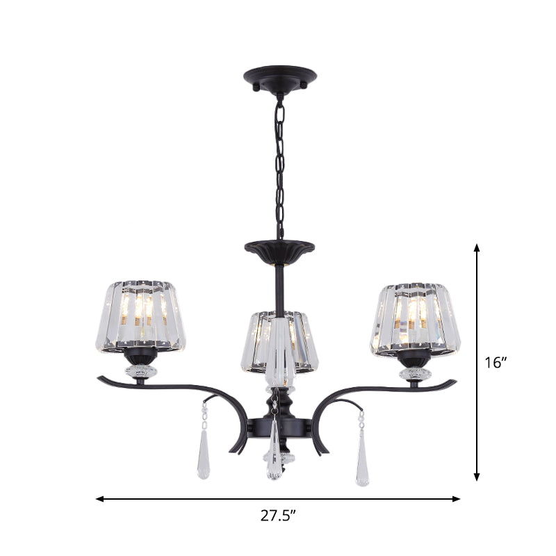 Simple Beveled Crystal Chandelier - 3 Lights - Elegant Black Suspension Lamp with Droplet
