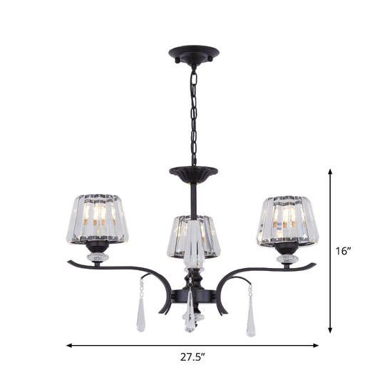 Simple Beveled Crystal Chandelier - 3 Lights - Elegant Black Suspension Lamp with Droplet