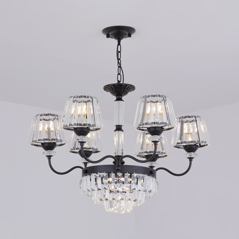 Black Tiered Down Lighting Crystal Block Chandelier Lamp - Elegant Simplicity 6 Lights With Conical
