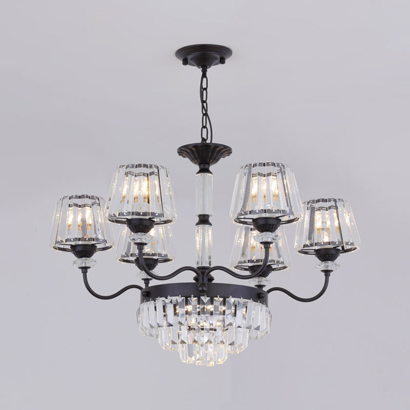 Black Tiered Crystal Block Chandelier Lamp with Down Lighting - 6 Lights, Conical Shade