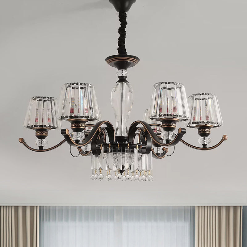 Contemporary Black Crystal Chandelier With Conic Down Lighting - 3/6 Heads